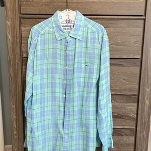 Vineyard Vines Light Blue and Green Plaid Classic Fit Tucker Shirt